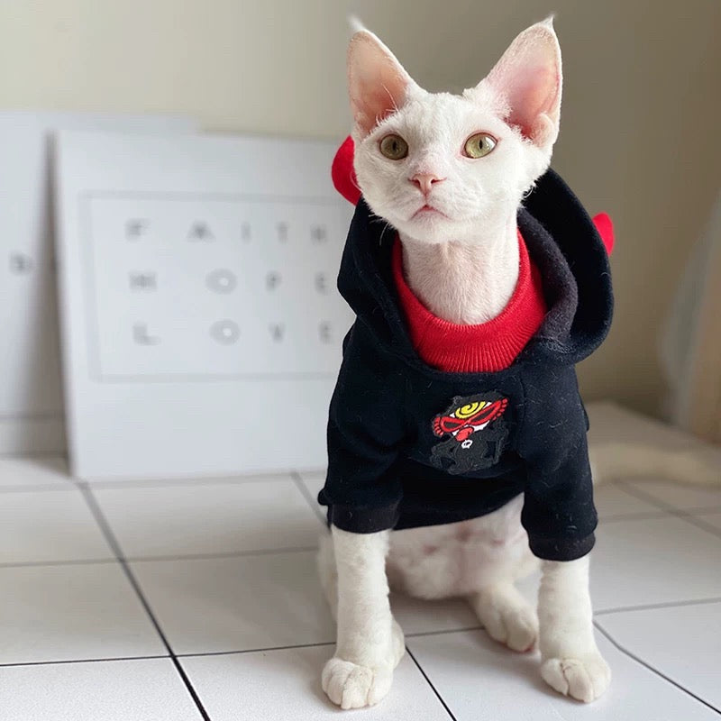 Halloween Sphynx Hairless Cats Devil Horns Hoodie, Winter Warm Hoodie for Bambino, Devon Rex Sphynx Cat Jumper