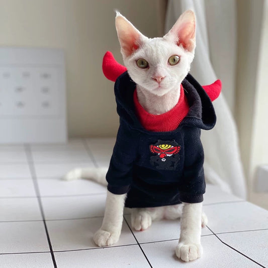 Halloween Sphynx Hairless Cats Devil Horns Hoodie, Winter Warm Hoodie for Bambino, Devon Rex Sphynx Cat Jumper