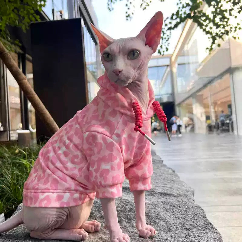 Sphynx Hairless Cats Leopard Print Clothes, Winter Warm Hoodie for Bambino, Devon Rex Sphynx Cat Jumper