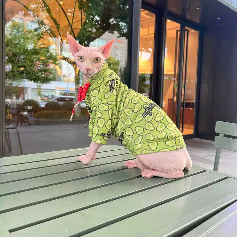 Sphynx Hairless Cats Avocado Print Clothes, Winter Warm Hoodie for Bambino, Devon Rex Sphynx Cat Jumper