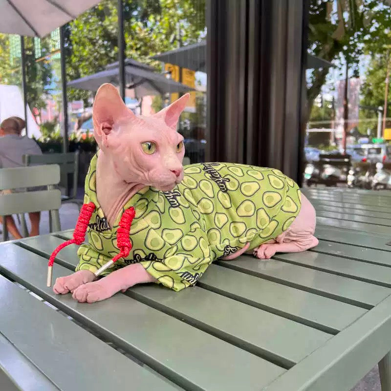 Sphynx Hairless Cats Avocado Print Clothes, Winter Warm Hoodie for Bambino, Devon Rex Sphynx Cat Jumper