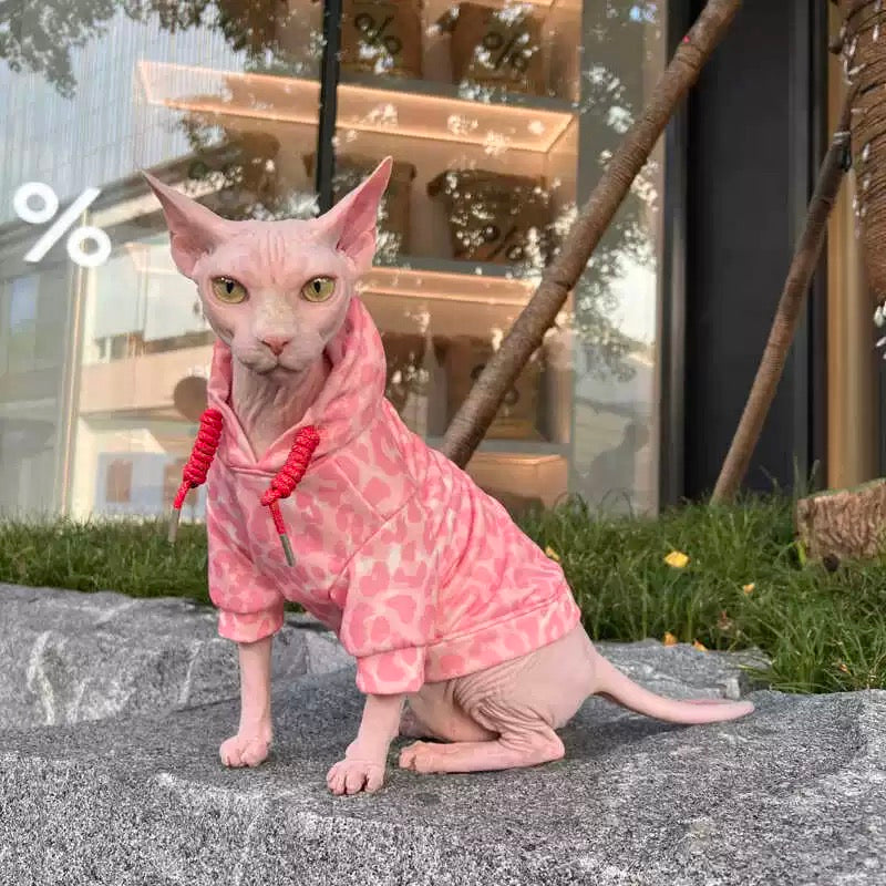 Sphynx Hairless Cats Leopard Print Clothes, Winter Warm Hoodie for Bambino, Devon Rex Sphynx Cat Jumper