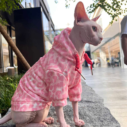 Sphynx Hairless Cats Leopard Print Clothes, Winter Warm Hoodie for Bambino, Devon Rex Sphynx Cat Jumper