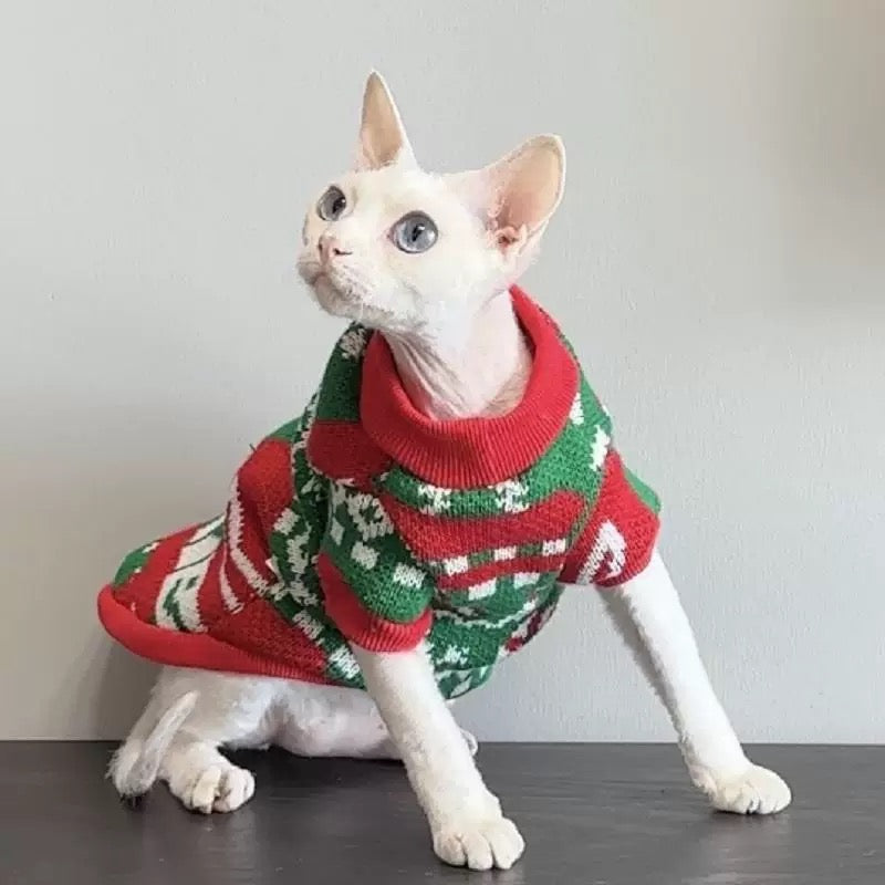 Christmas 2 Colors Sphynx Hairless Cats Clothing, Winter Warm Jumper for Bambino Devon Rex Sphynx Cat