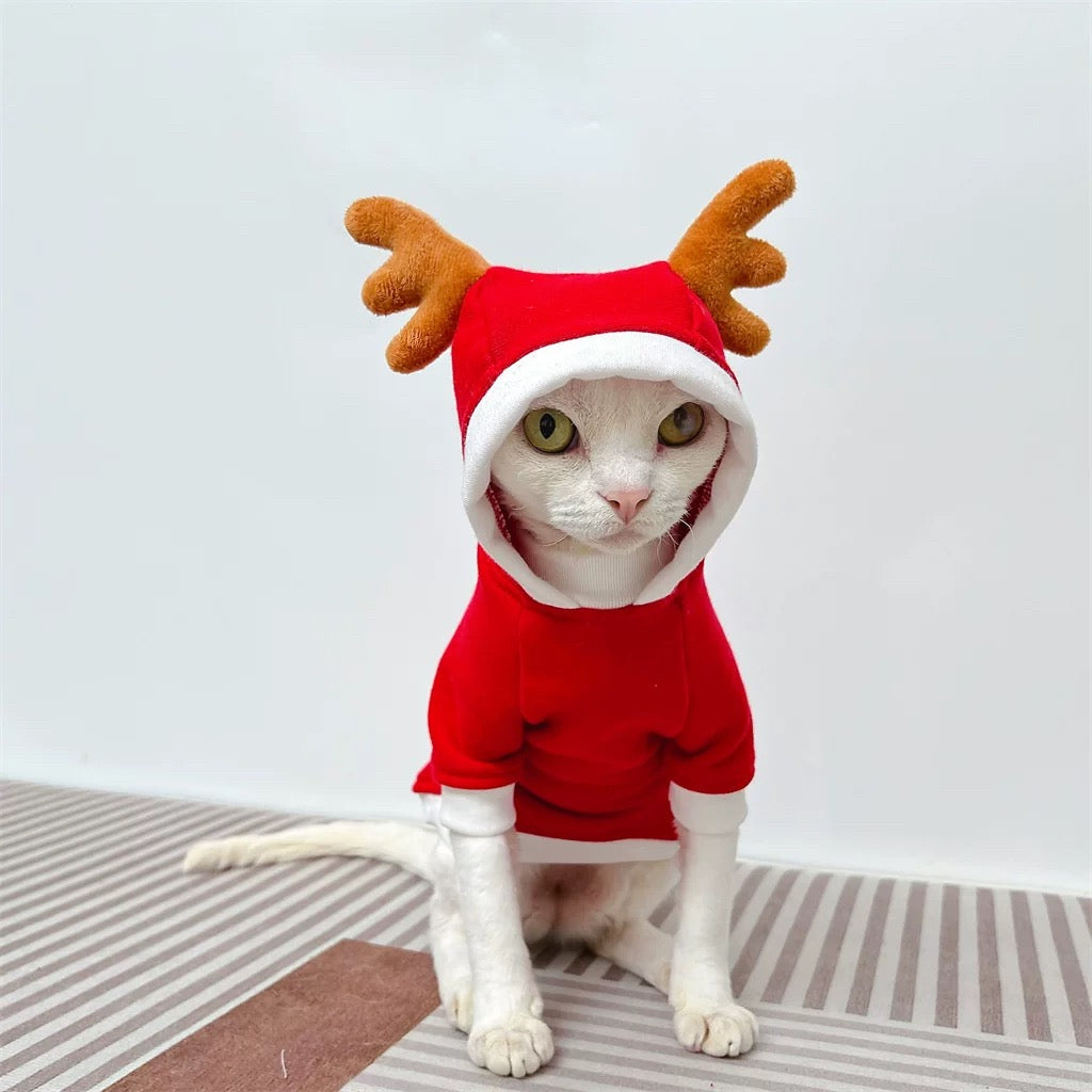 Christmas Sphynx Hairless Cats Hoodie, Winter Warm Deer Jumper for Bambino Devon Rex Sphynx Cat