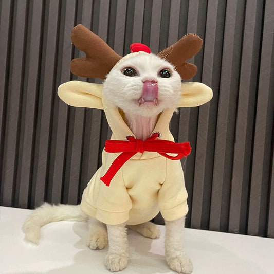 Christmas Elk Sweatshirt For Sphynx Hairless Cats, Warm Kitten Hoodie Jumper in Winter, Bambino Devon Rex Sphynx Cat Soft Clothing