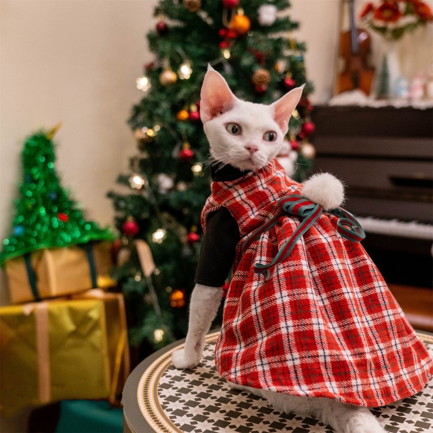 Christmas Sphynx Hairless Cats Red Dress, Winter Warm Dress for Bambino Devon Rex Sphynx Cat