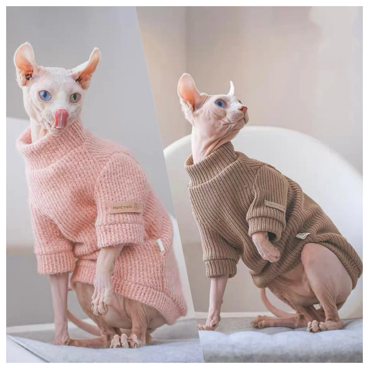 Brown Pink Sphynx Hairless Cats Sweater, Pullover Knit Sweatshirt, Bambino Devon Rex Sphynx Cat Jumper