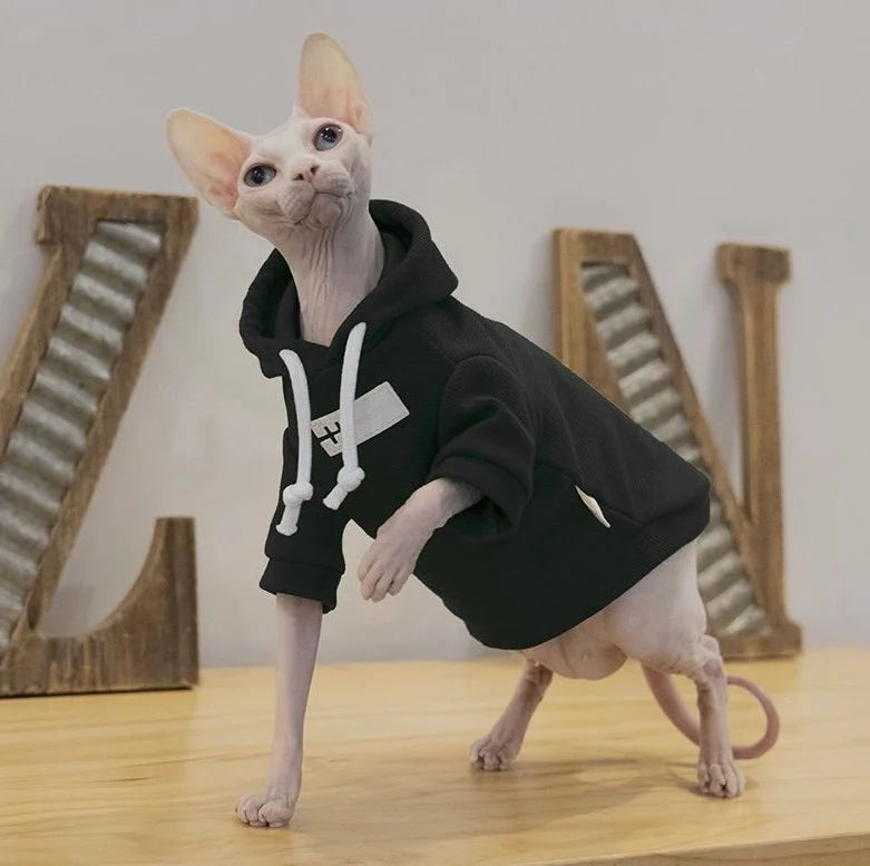 3 Colors Sphynx Hairless Cats Clothes, Cotton Soft Kitten Pullover Turtleneck Hooded Sweatshirt, Bambino Devon Rex Sphynx Cat Clothing