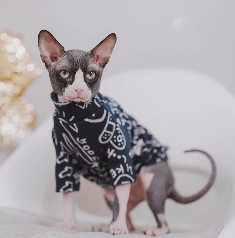 Lovely Graffiti Sphynx Hairless Cats Clothes, Cute Printing Bambino Devon Rex Sphynx Cat Clothing