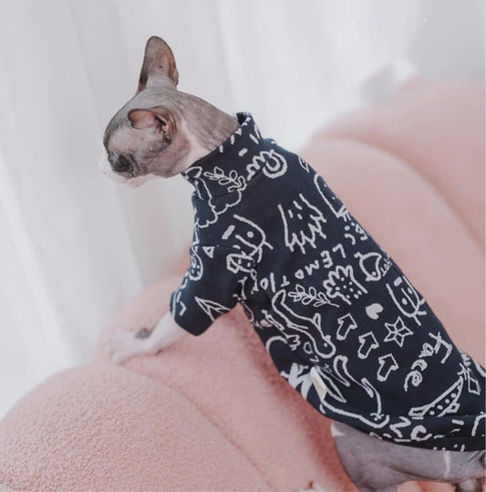 Lovely Graffiti Sphynx Hairless Cats Clothes, Cute Printing Bambino Devon Rex Sphynx Cat Clothing