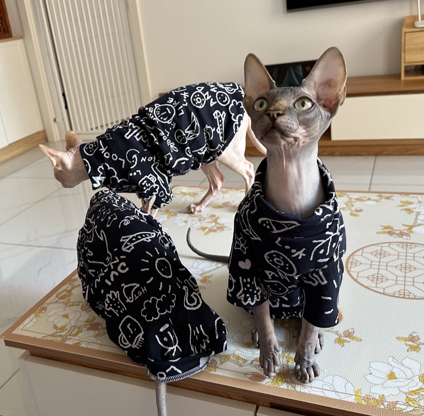 Lovely Graffiti Sphynx Hairless Cats Clothes, Cute Printing Bambino Devon Rex Sphynx Cat Clothing