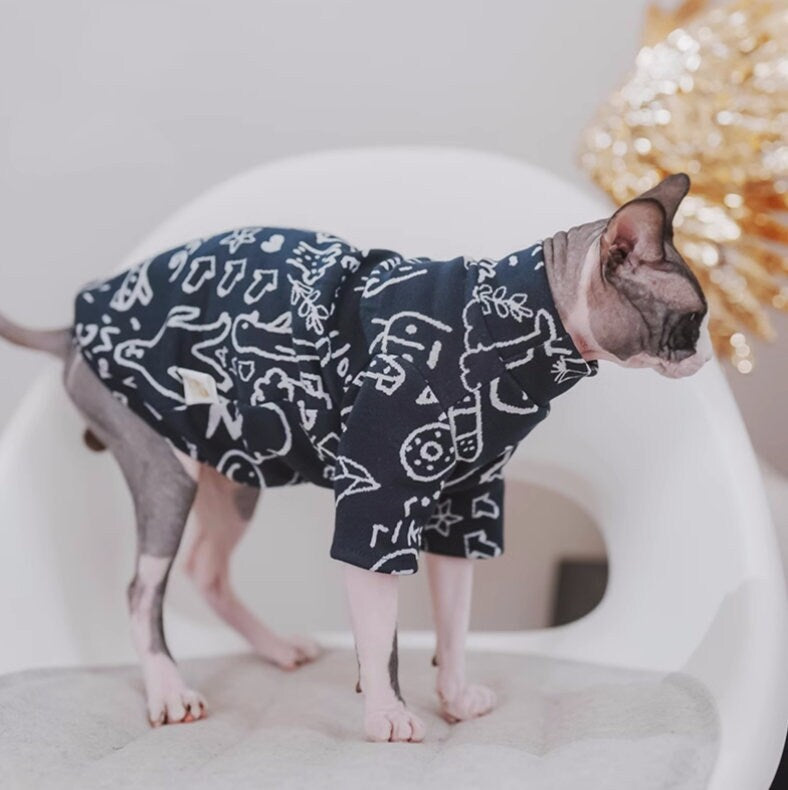 Lovely Graffiti Sphynx Hairless Cats Clothes, Cute Printing Bambino Devon Rex Sphynx Cat Clothing