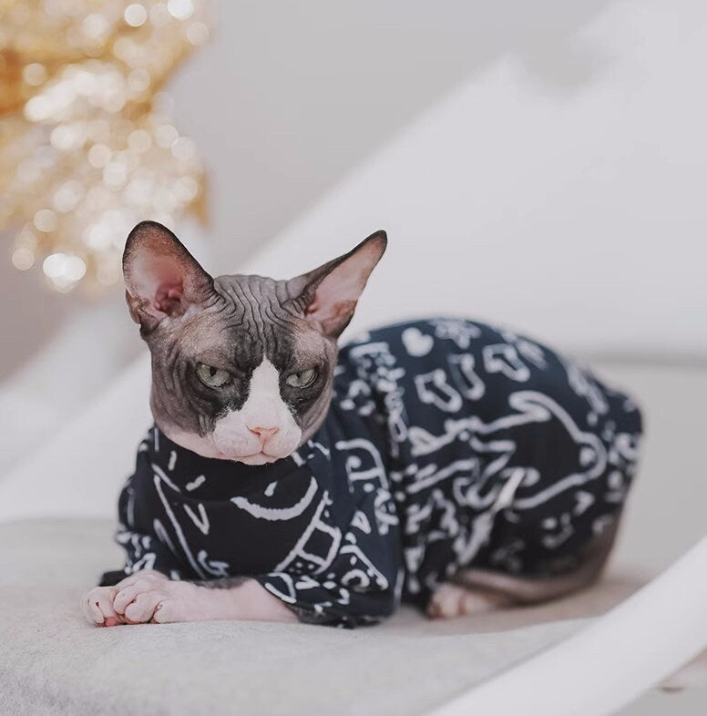 Lovely Graffiti Sphynx Hairless Cats Clothes, Cute Printing Bambino Devon Rex Sphynx Cat Clothing