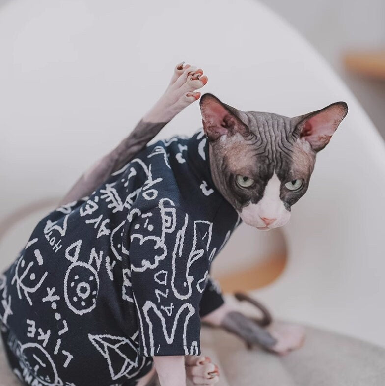 Lovely Graffiti Sphynx Hairless Cats Clothes, Cute Printing Bambino Devon Rex Sphynx Cat Clothing