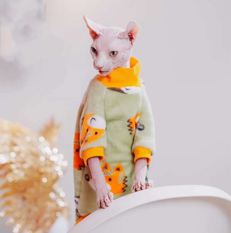 Sphynx Hairless Cats Animal Print Jumper, Winter Thick Flannel Warm Clothing, Bambino Devon Rex Sphynx Cat Clothing