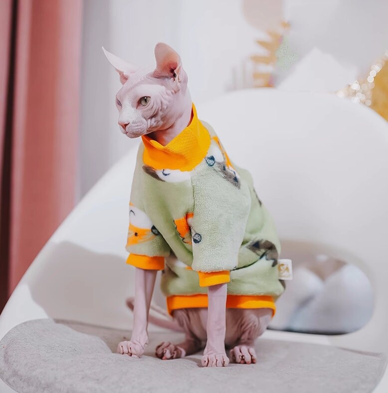 Sphynx Hairless Cats Animal Print Jumper, Winter Thick Flannel Warm Clothing, Bambino Devon Rex Sphynx Cat Clothing