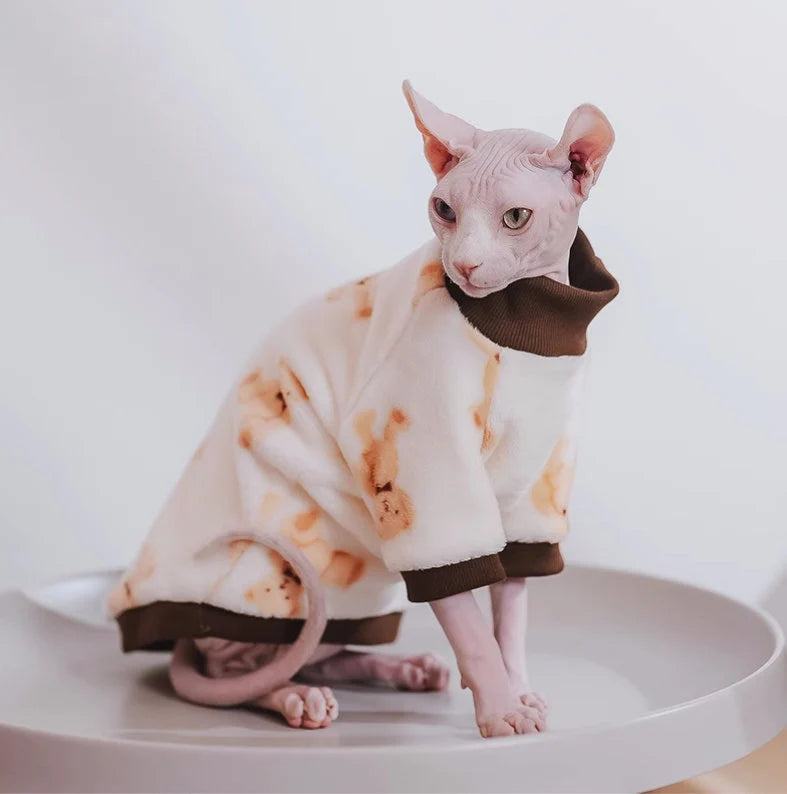 Sphynx Hairless Cats Bear Print Jumper, Winter Thick Fleece Warm Clothing, Bambino Devon Rex Sphynx Cat Clothing