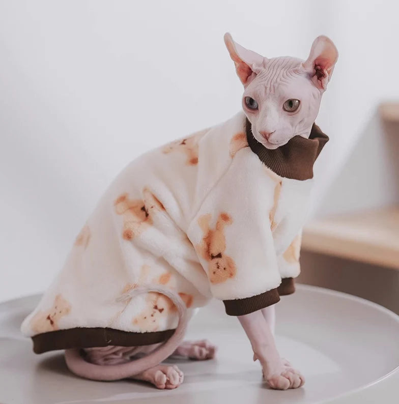 Sphynx Hairless Cats Bear Print Jumper, Winter Thick Fleece Warm Clothing, Bambino Devon Rex Sphynx Cat Clothing