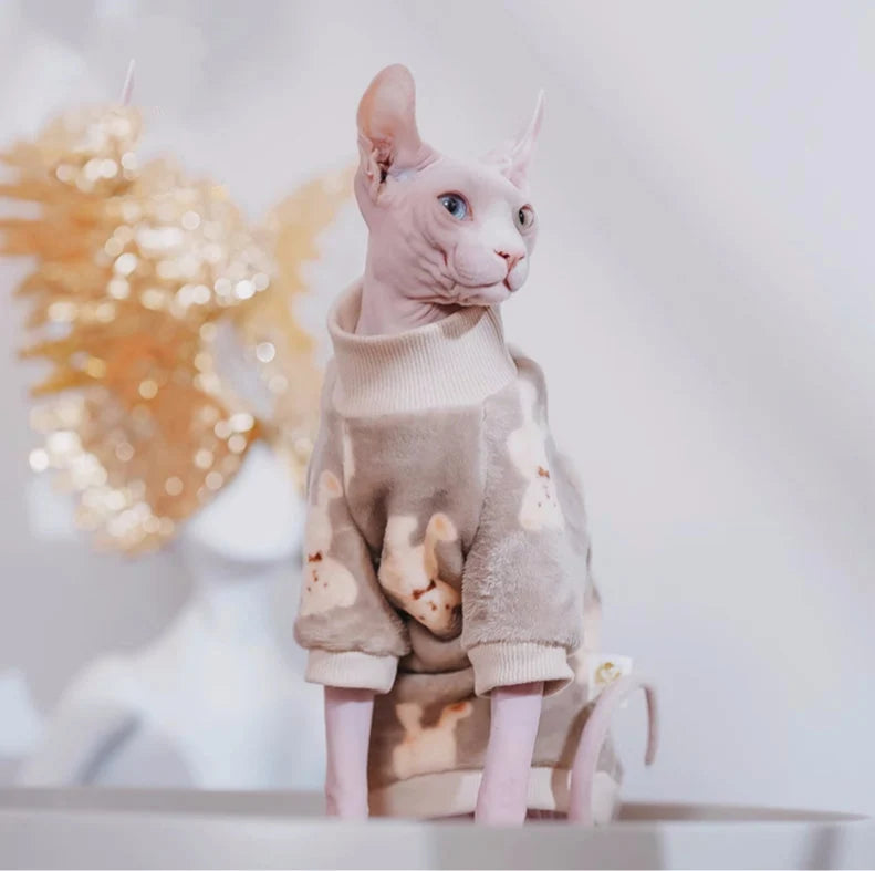 Sphynx Hairless Cats Bear Print Jumper, Winter Thick Fleece Warm Clothing, Bambino Devon Rex Sphynx Cat Clothing