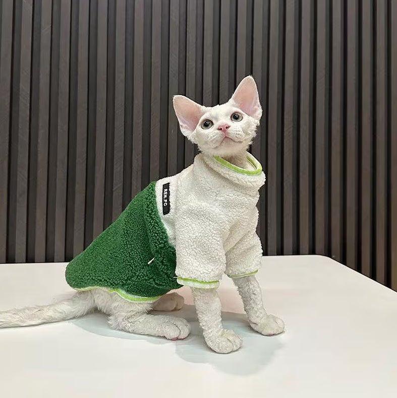 Sphynx Hairless Cats Clothes, Patchwork Fleece Warm Kitten Sweater in Winter, Bambino Devon Rex Sphynx Cat Turtleneck Soft Clothing