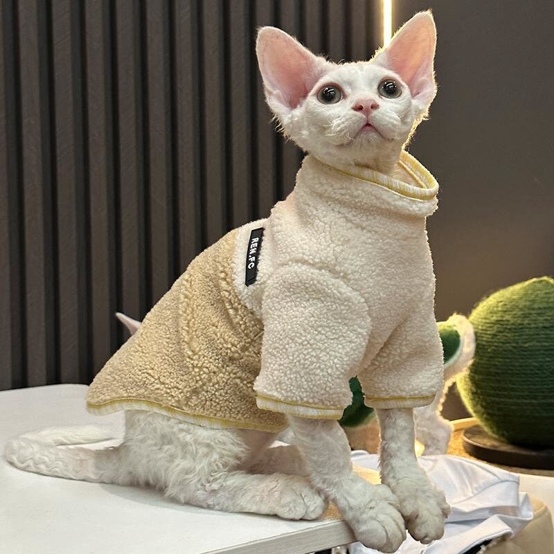 Sphynx Hairless Cats Clothes, Patchwork Fleece Warm Kitten Sweater in Winter, Bambino Devon Rex Sphynx Cat Turtleneck Soft Clothing