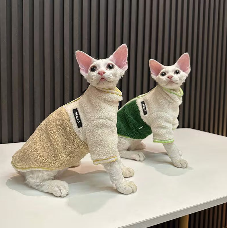 Sphynx Hairless Cats Clothes, Patchwork Fleece Warm Kitten Sweater in Winter, Bambino Devon Rex Sphynx Cat Turtleneck Soft Clothing