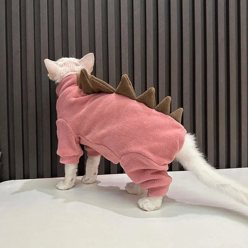 4-legged 3 Colors Sphynx Hairless Cats Clothes, Winter Patchwork Dinosaur Fleece Warm Kitten Sweater for Bambino Devon Rex Sphynx Cat