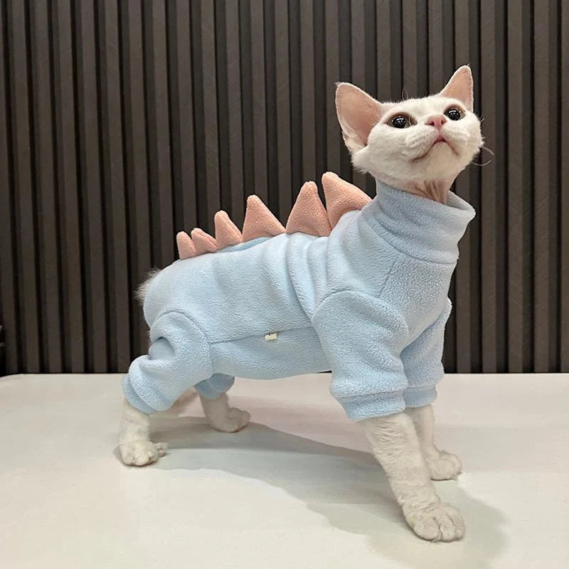 4-legged 3 Colors Sphynx Hairless Cats Clothes, Winter Patchwork Dinosaur Fleece Warm Kitten Sweater for Bambino Devon Rex Sphynx Cat