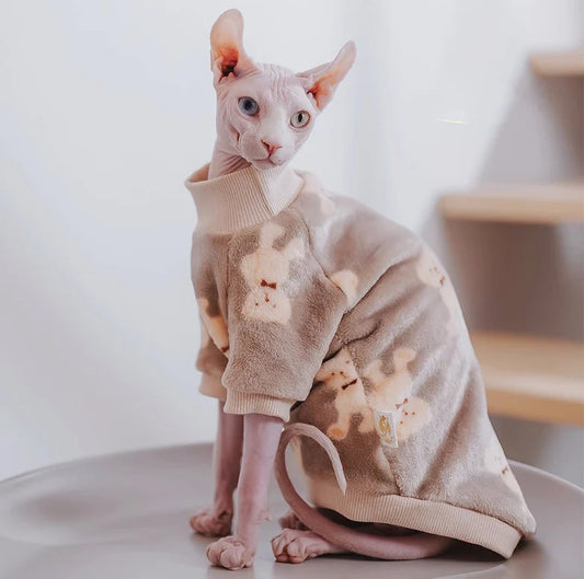 Sphynx Hairless Cats Bear Print Jumper, Winter Thick Fleece Warm Clothing, Bambino Devon Rex Sphynx Cat Clothing