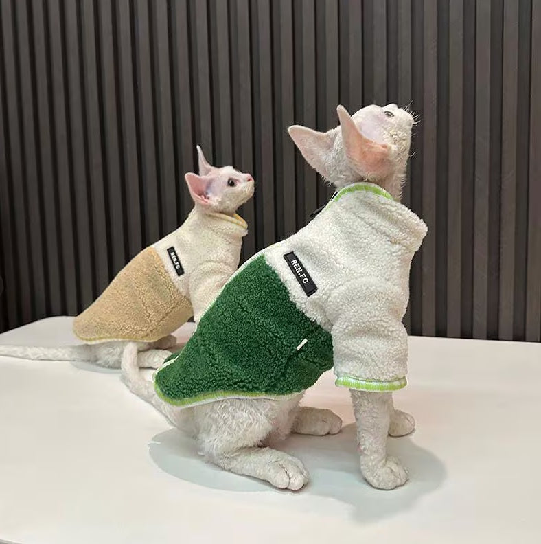 Sphynx Hairless Cats Clothes, Patchwork Fleece Warm Kitten Sweater in Winter, Bambino Devon Rex Sphynx Cat Turtleneck Soft Clothing