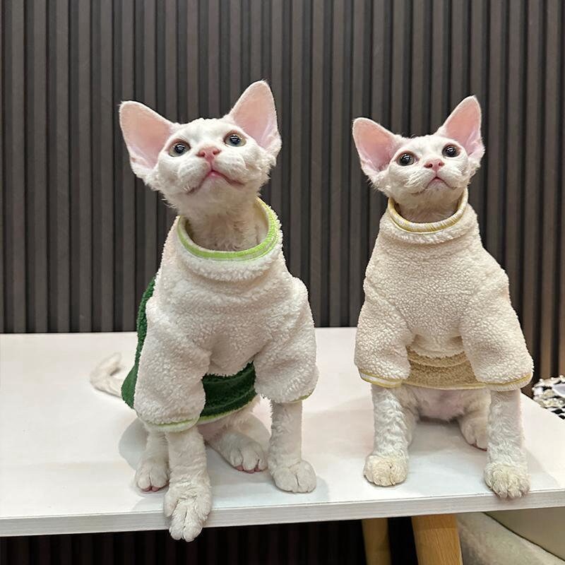 Sphynx Hairless Cats Clothes, Patchwork Fleece Warm Kitten Sweater in Winter, Bambino Devon Rex Sphynx Cat Turtleneck Soft Clothing