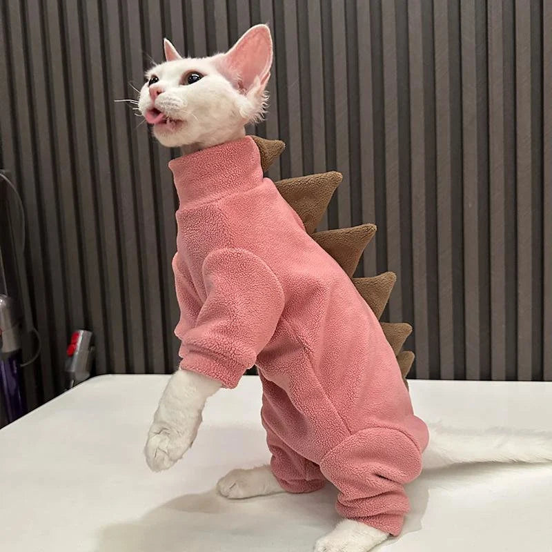 4-legged 3 Colors Sphynx Hairless Cats Clothes, Winter Patchwork Dinosaur Fleece Warm Kitten Sweater for Bambino Devon Rex Sphynx Cat