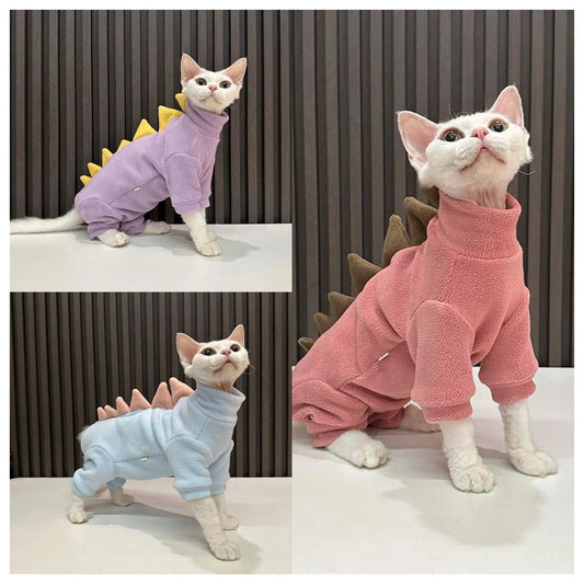 4-legged 3 Colors Sphynx Hairless Cats Clothes, Winter Patchwork Dinosaur Fleece Warm Kitten Sweater for Bambino Devon Rex Sphynx Cat