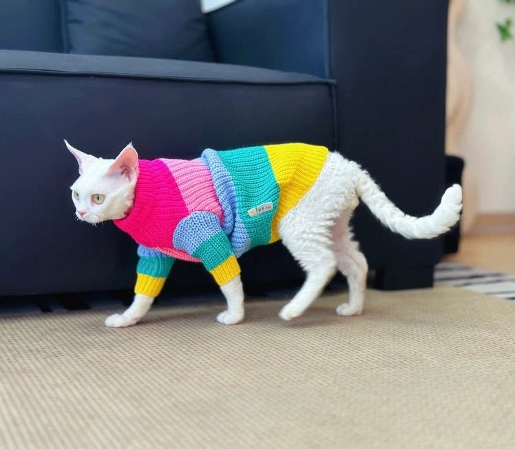 Sphynx Hairless Cats Colorful Sweater, Winter Warm O-Neck Sphynx Clothing For Bambino Devon Rex Sphynx Cat