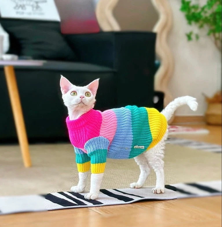 Sphynx Hairless Cats Colorful Sweater, Winter Warm O-Neck Sphynx Clothing For Bambino Devon Rex Sphynx Cat