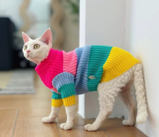 Sphynx Hairless Cats Colorful Sweater, Winter Warm O-Neck Sphynx Clothing For Bambino Devon Rex Sphynx Cat