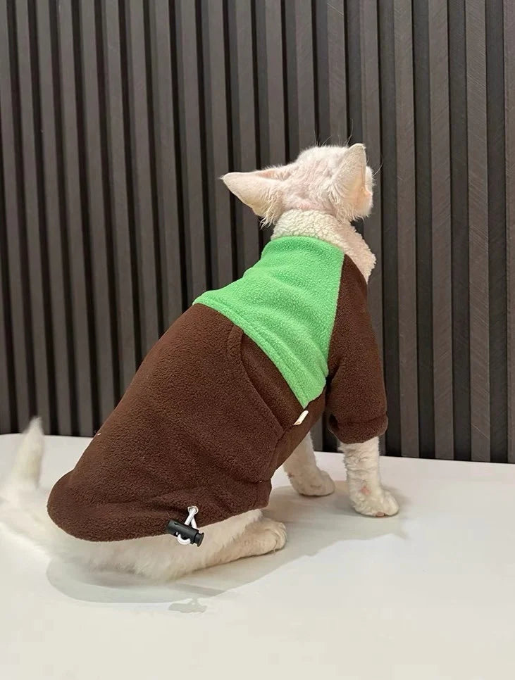 Sphynx Hairless Cats Clothes, Winter Patchwork Fleece Warm Kitten Sweater Coat for Bambino Devon Rex Sphynx Cat