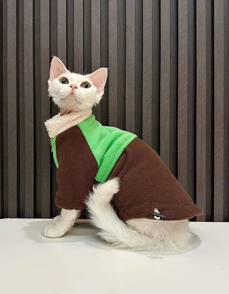 Sphynx Hairless Cats Clothes, Winter Patchwork Fleece Warm Kitten Sweater Coat for Bambino Devon Rex Sphynx Cat