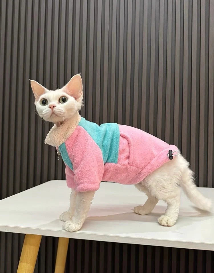 Sphynx Hairless Cats Clothes, Winter Patchwork Fleece Warm Kitten Sweater Coat for Bambino Devon Rex Sphynx Cat