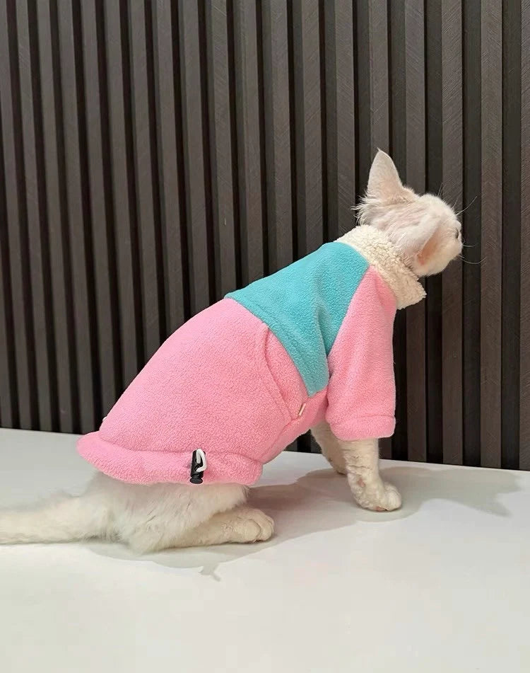 Sphynx Hairless Cats Clothes, Winter Patchwork Fleece Warm Kitten Sweater Coat for Bambino Devon Rex Sphynx Cat