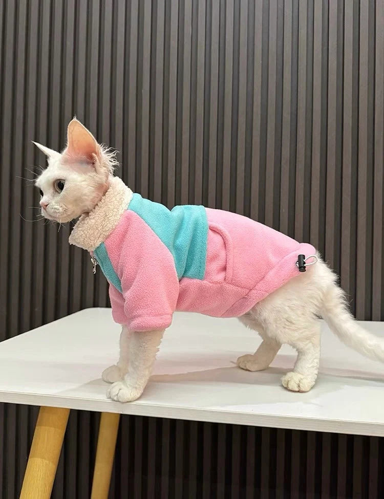 Sphynx Hairless Cats Clothes, Winter Patchwork Fleece Warm Kitten Sweater Coat for Bambino Devon Rex Sphynx Cat