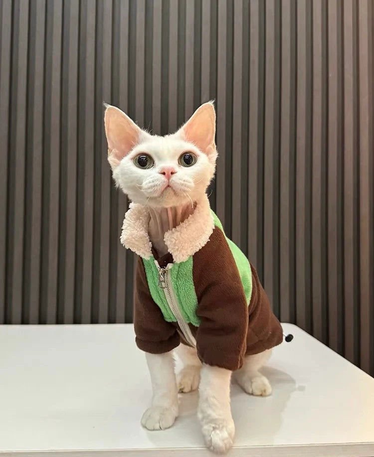 Sphynx Hairless Cats Clothes, Winter Patchwork Fleece Warm Kitten Sweater Coat for Bambino Devon Rex Sphynx Cat