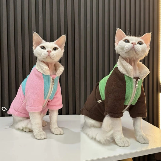 Sphynx Hairless Cats Clothes, Winter Patchwork Fleece Warm Kitten Sweater Coat for Bambino Devon Rex Sphynx Cat