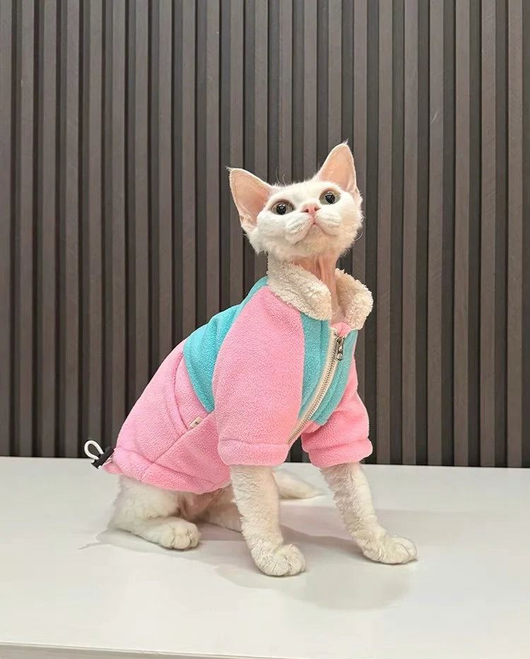 Sphynx Hairless Cats Clothes, Winter Patchwork Fleece Warm Kitten Sweater Coat for Bambino Devon Rex Sphynx Cat