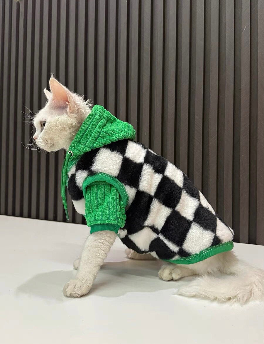 Sphynx Hairless Cats Green Hoodies and Black White Vest, Winter Patchwork Plaid Fleece Warm Kitten Sweater for Bambino Devon Rex Sphynx Cat