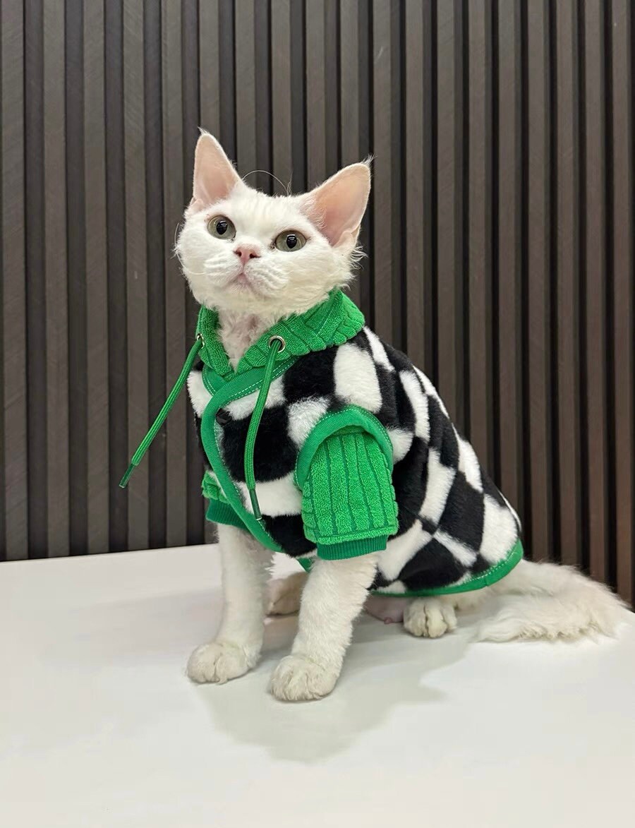 Sphynx Hairless Cats Green Hoodies and Black White Vest, Winter Patchwork Plaid Fleece Warm Kitten Sweater for Bambino Devon Rex Sphynx Cat