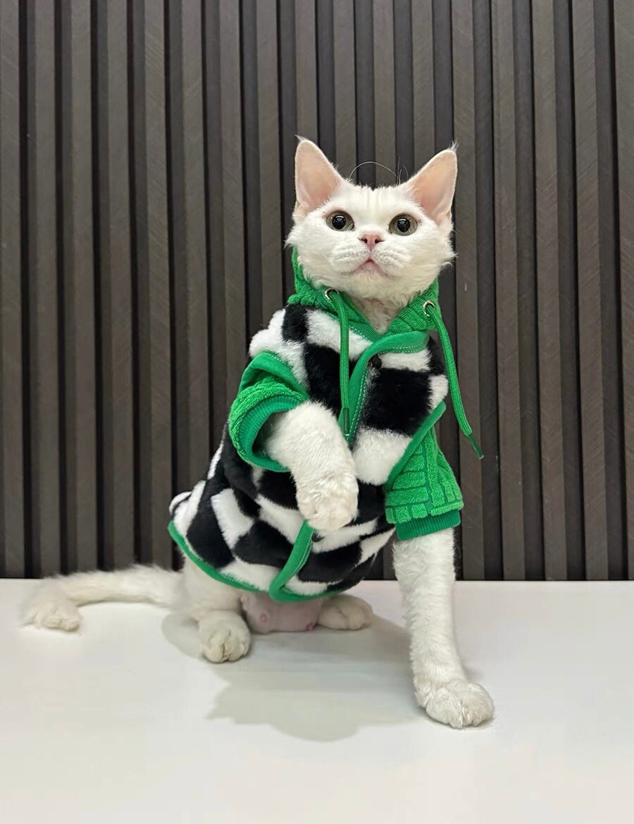 Sphynx Hairless Cats Green Hoodies and Black White Vest, Winter Patchwork Plaid Fleece Warm Kitten Sweater for Bambino Devon Rex Sphynx Cat