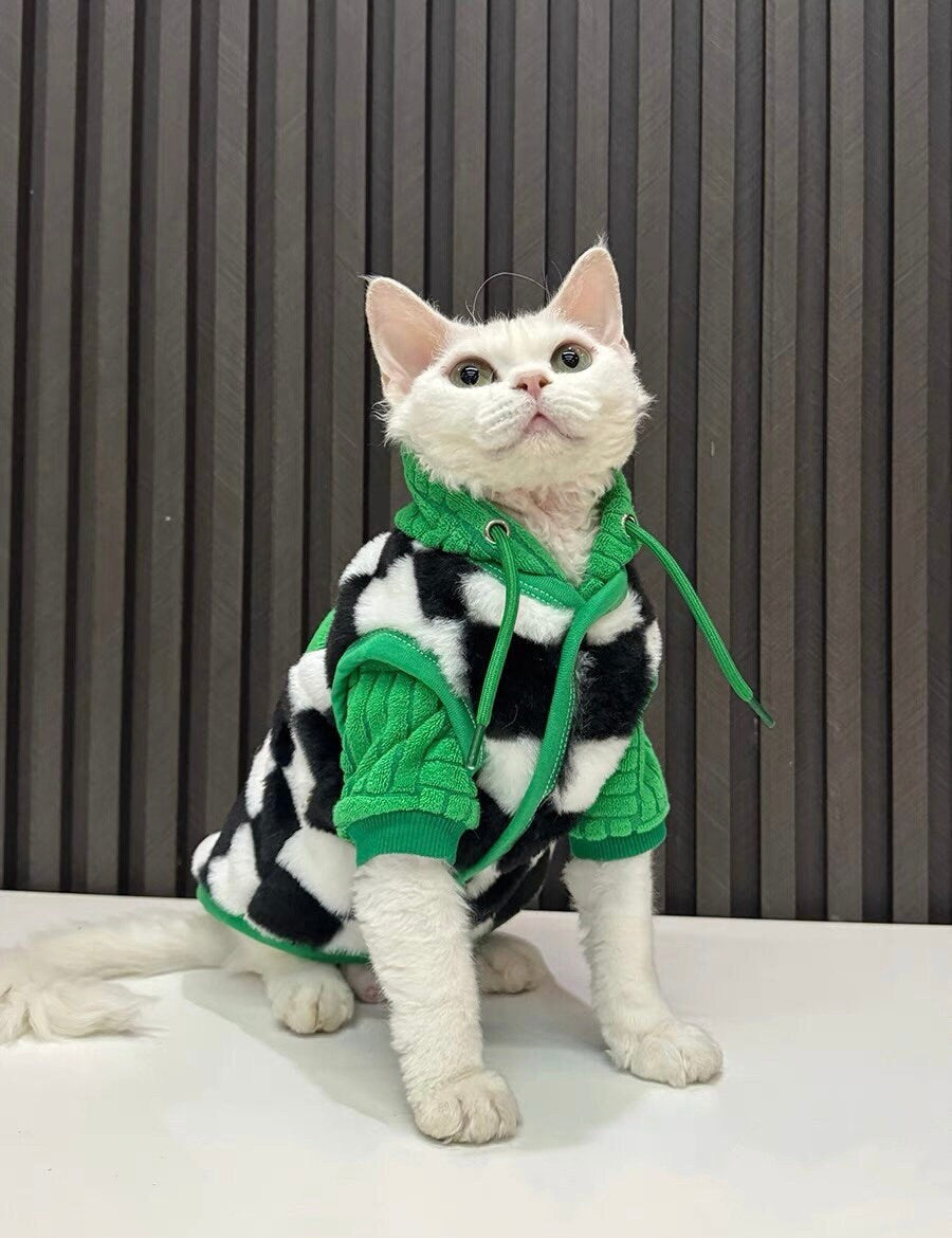 Sphynx Hairless Cats Green Hoodies and Black White Vest, Winter Patchwork Plaid Fleece Warm Kitten Sweater for Bambino Devon Rex Sphynx Cat