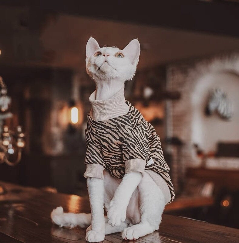 Sphynx Hairless Cats Leopard Print Clothes, Spring Leisure Stripes Jumper for Bambino Devon Rex Sphynx Cat